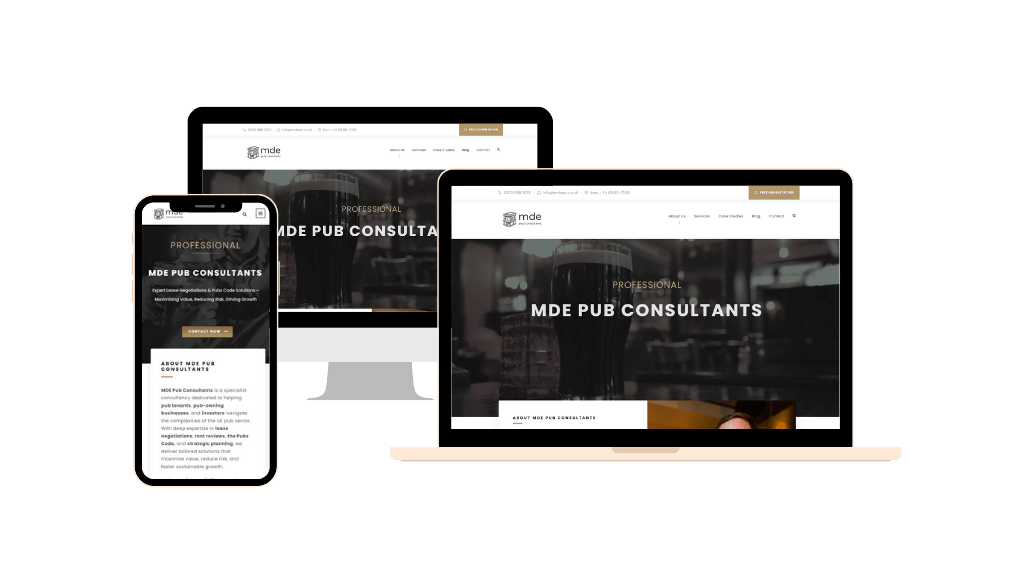MDE Pub Consultants website designed by Webie Global on laptop, desktop and mobile