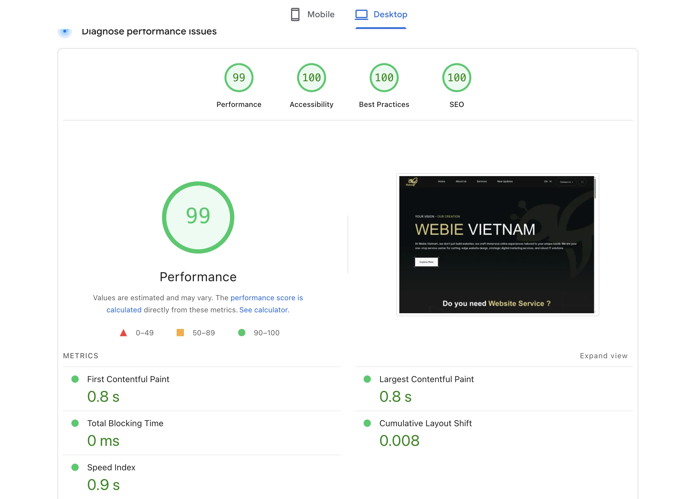 PageSpeed Insights report after optimisation – performance score 99