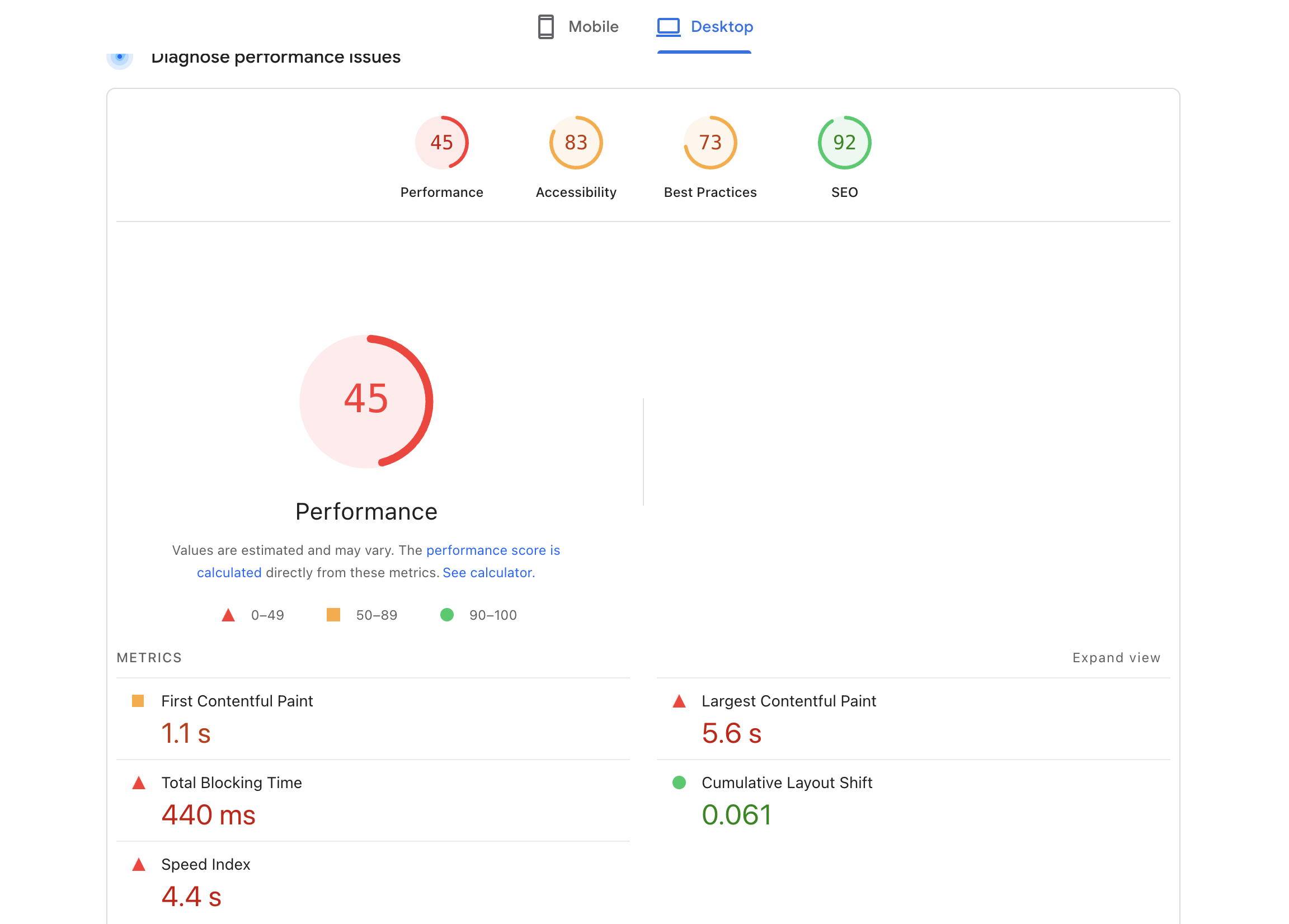 PageSpeed Insights report before optimisation – performance score 45