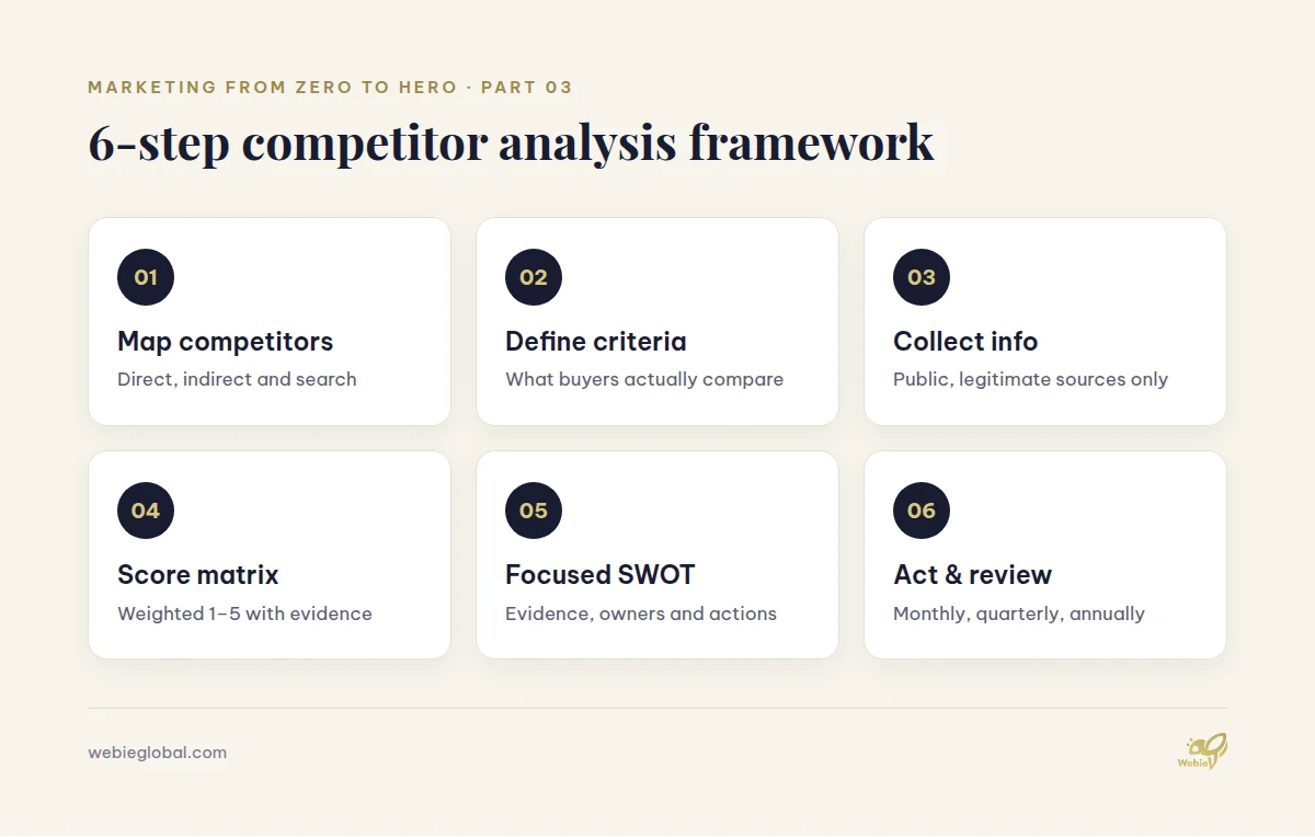 Six steps of a competitor analysis framework, from mapping competitors to acting and reviewing