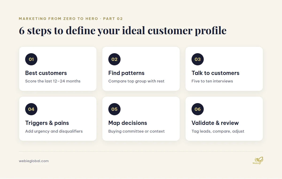 Six steps to define your ideal customer profile, from scoring best customers to validating and reviewing