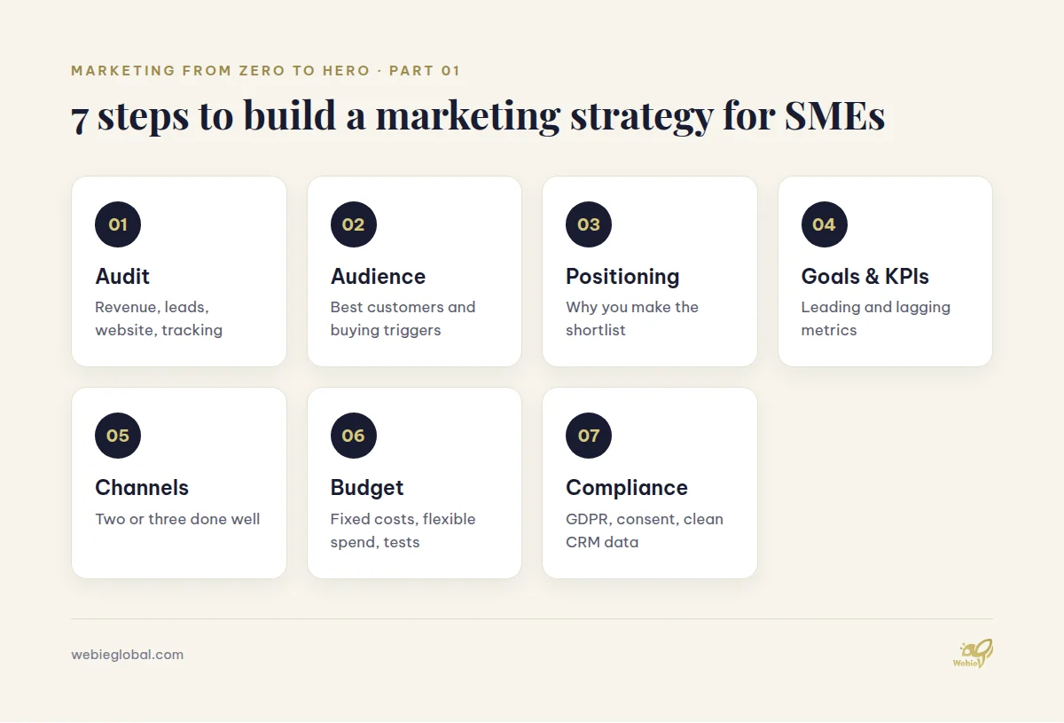 7 steps to build a marketing strategy for SMEs: audit, audience, positioning, goals, channels, budget, compliance
