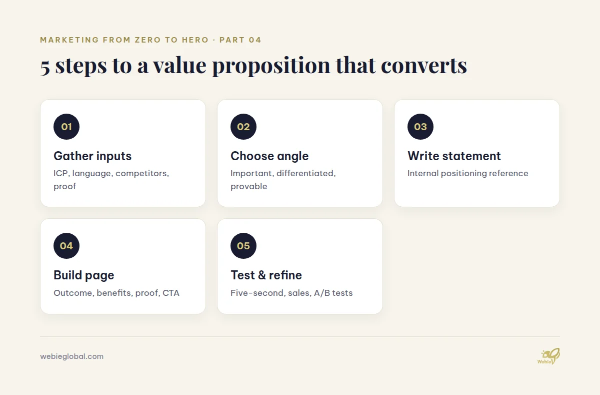 Five steps to build a value proposition that converts, from gathering inputs to testing