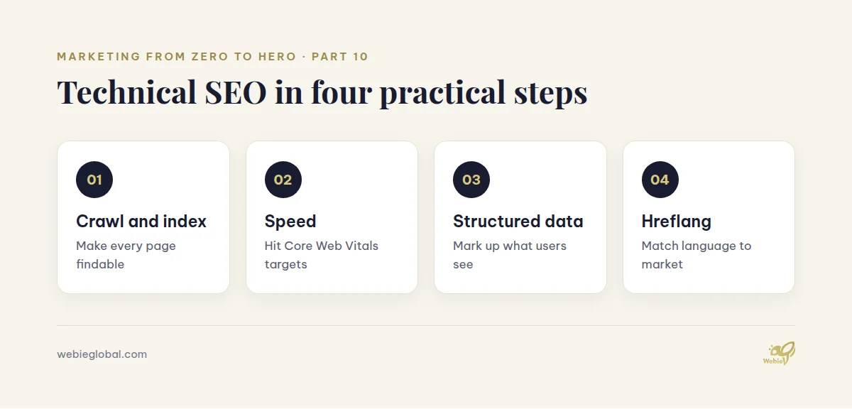 Technical SEO steps: crawling, speed, structured data and hreflang