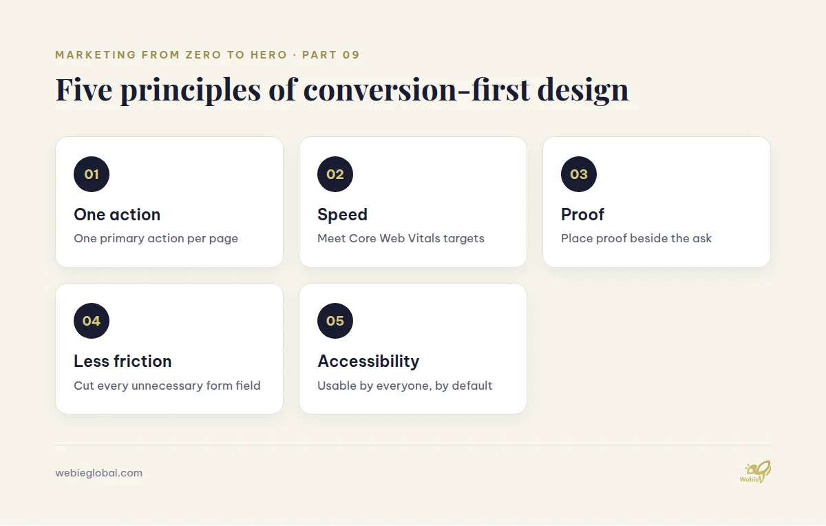 Conversion-first design principles: action, speed, proof, friction, accessibility