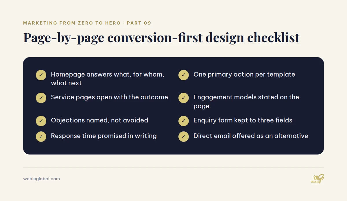 Conversion-first design checklist for homepage, service and contact pages